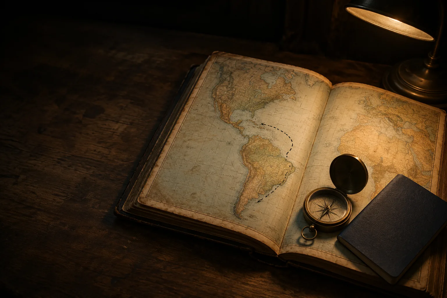 An open notebook with handwritten research notes, a pen, and a cup of coffee on a wooden desk